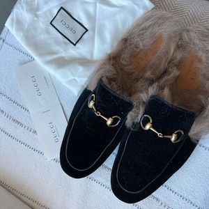 Gucc Fur-lined Velvet Slippers